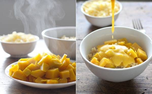 Squash in a bowl and squash drizzled with creamy sauce.