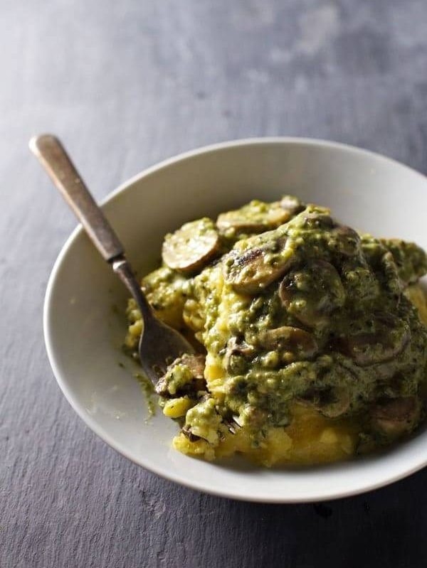 Creamy Poblano Mushrooms with Polenta - a simple, unique vegetarian dish with spicy, warm, spoon-licking flavors. 350 calories. | pinchofyum.com