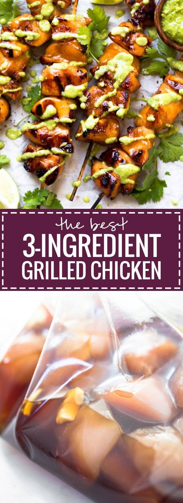 3 Ingredient Grilled Chicken recipe - with soy sauce, honey, and garlic. So easy and super adaptable! 200 calories. | pinchofyum.com