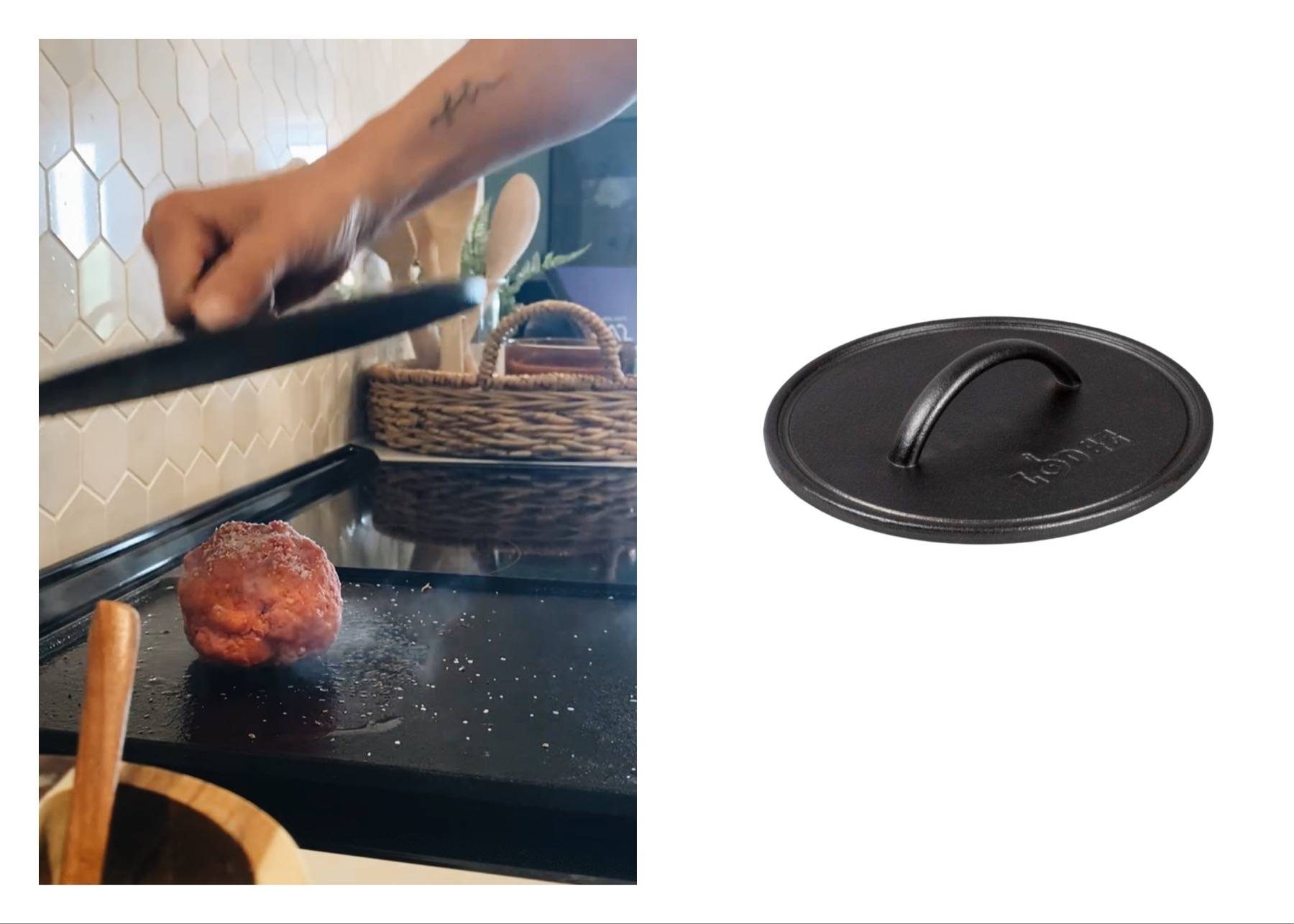 White hand smashing down a burger next to a stock photo of a burger smasher tool.