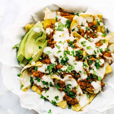 A picture of Spicy Lentil Nachos with Three Cheese Sauce