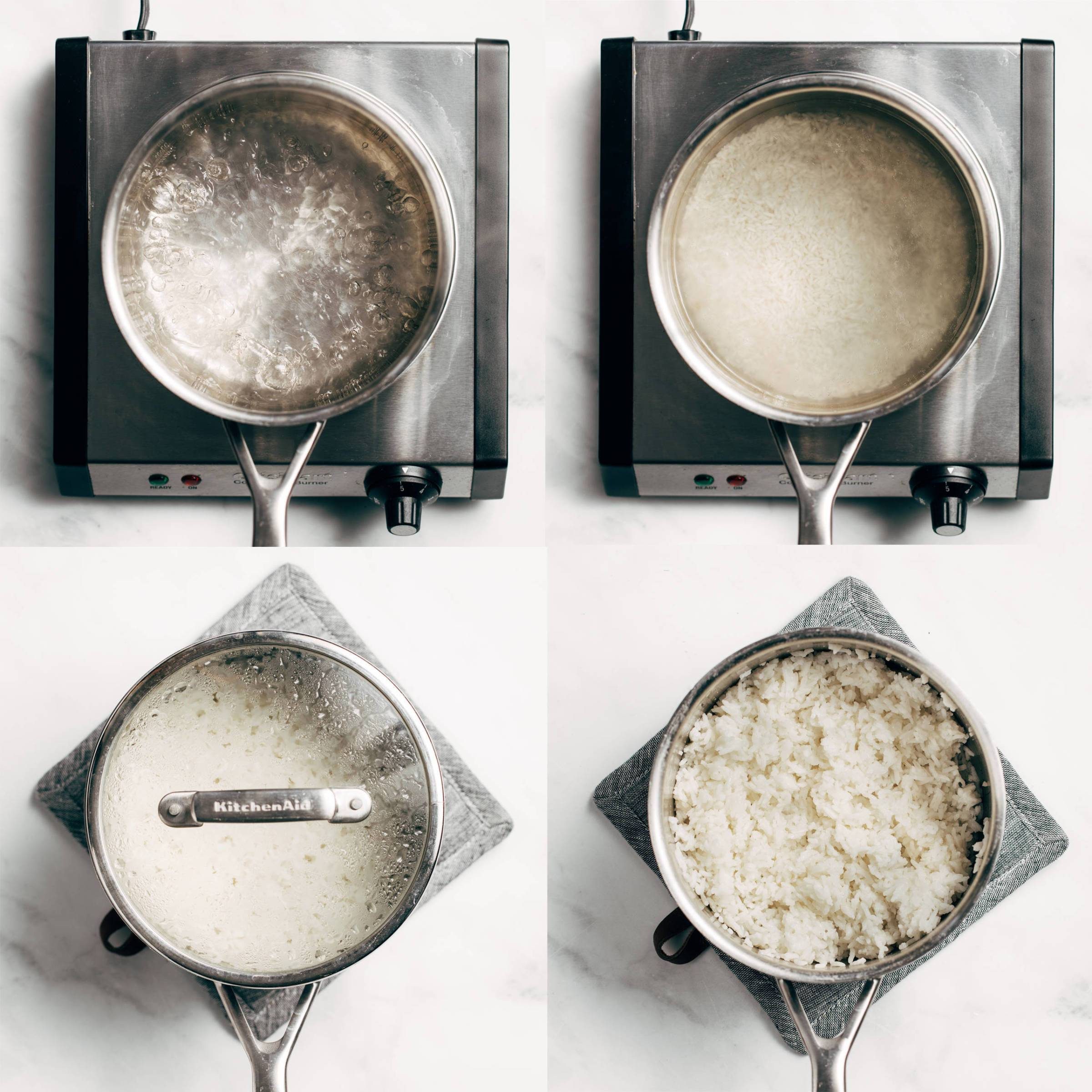 Grid of four photos showing how to cook white rice on the stovetop.