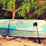 A photo of a canoe on its side.