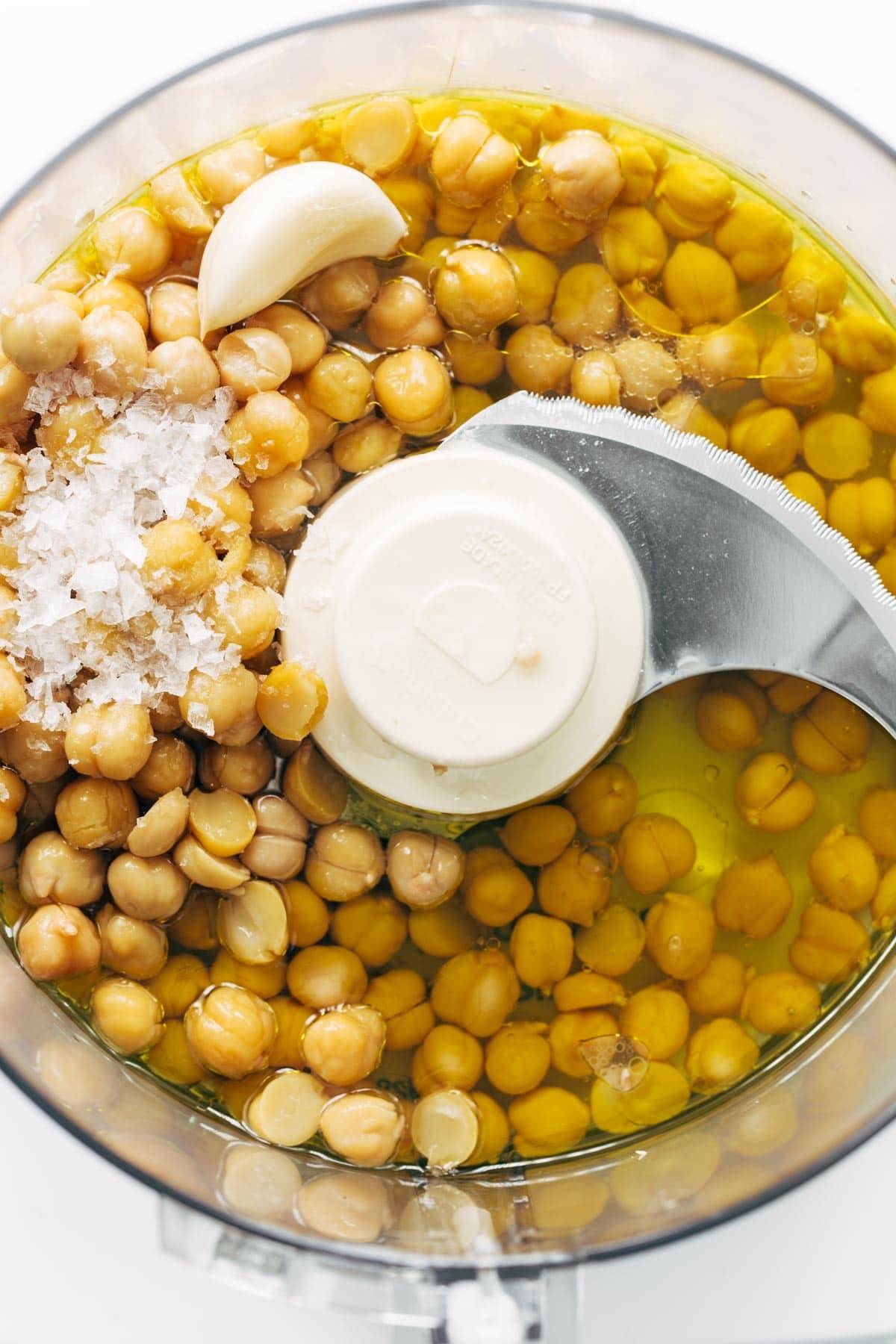 Hummus ingredients in food processor.