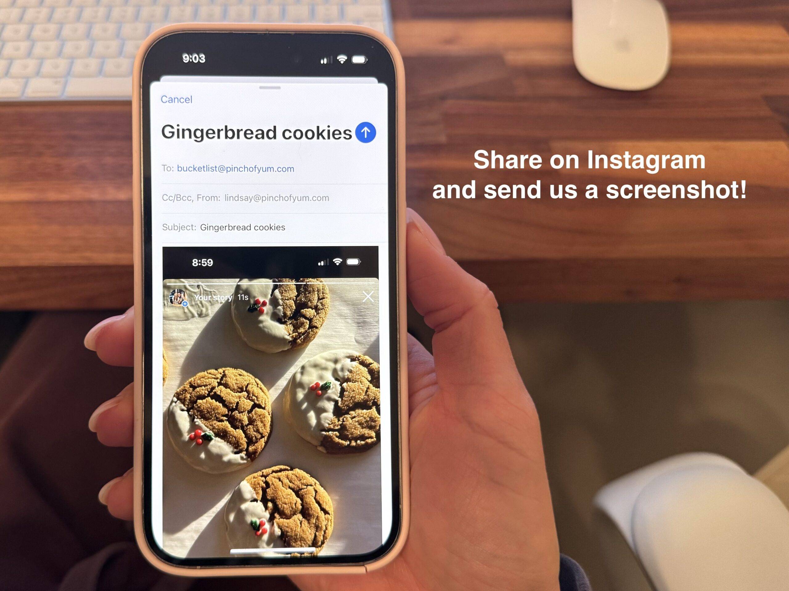 Image of a phone sending an email with a picture of cookies.