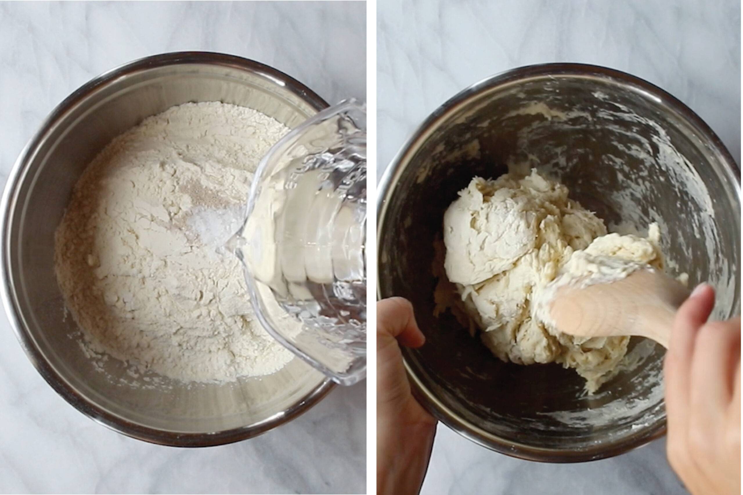 Mixing dough in a bowl.
