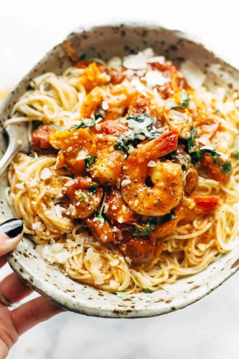 Garlic Butter Capellini Pomodoro with Shrimp in bowl.