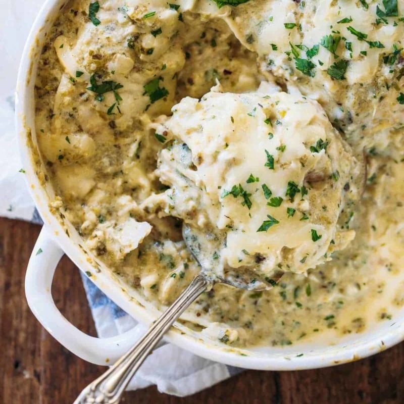 Roasted Tomatillo Chicken Enchilada Casserole - with a homemade spicy sauce and lots of cheese. 400 calories. | pinchofyum.com #chicken #enchilada #casserole